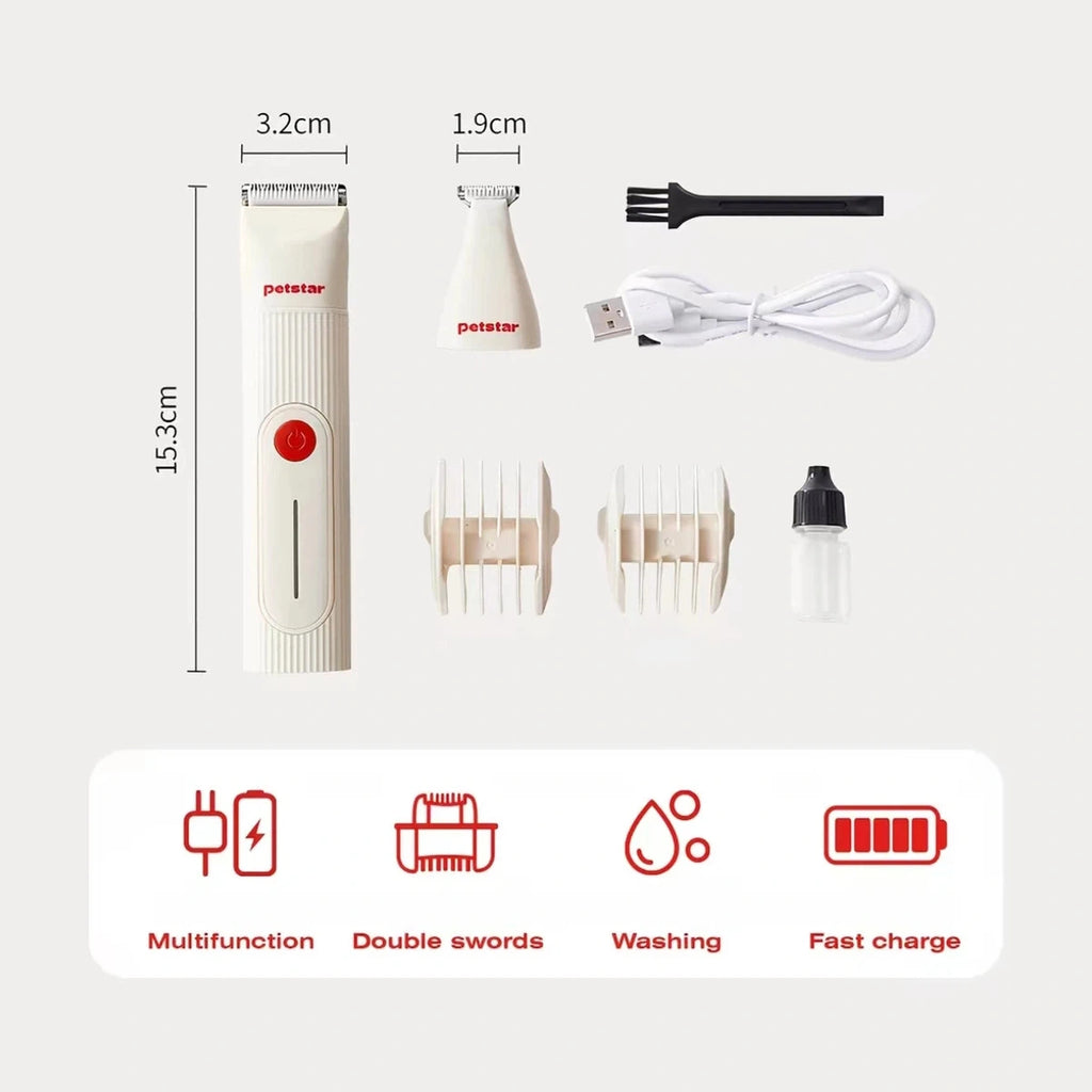 Petstar clipper kit size diagram showing the 15.3 cm body and both trimming heads