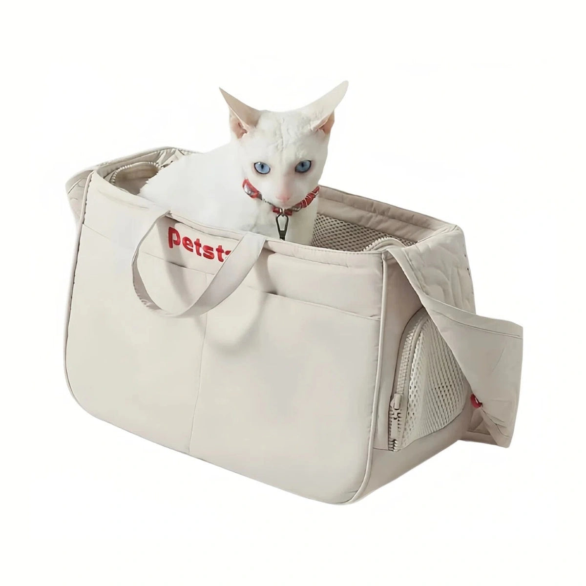 Ivory Petstar cat carrier tote with a cat, hand straps and a wide shoulder strap