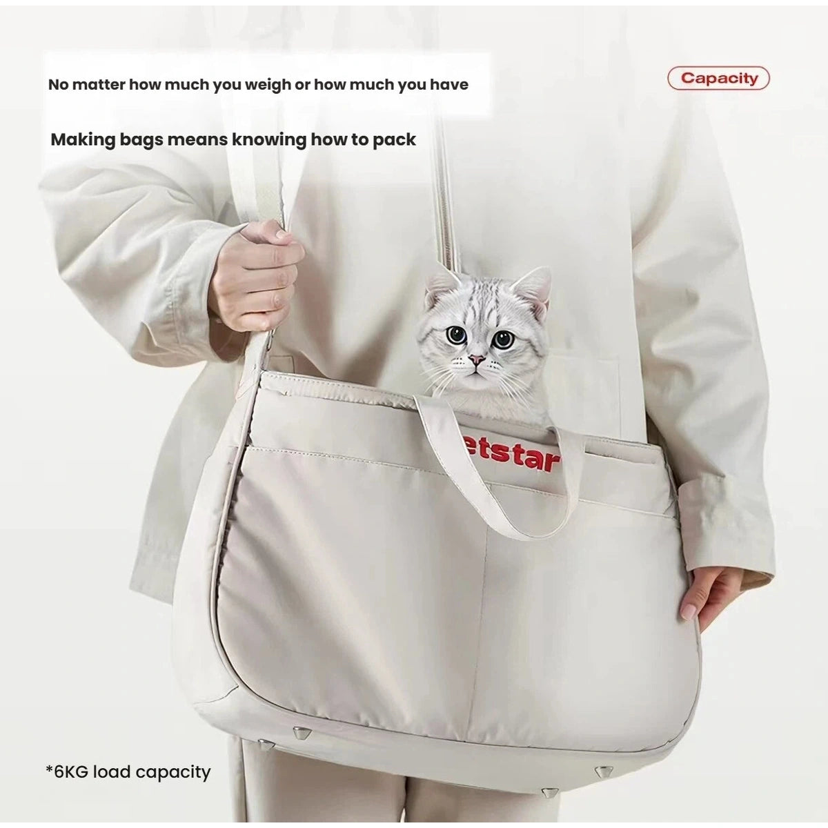 Person carrying the Petstar ivory cat tote over one shoulder