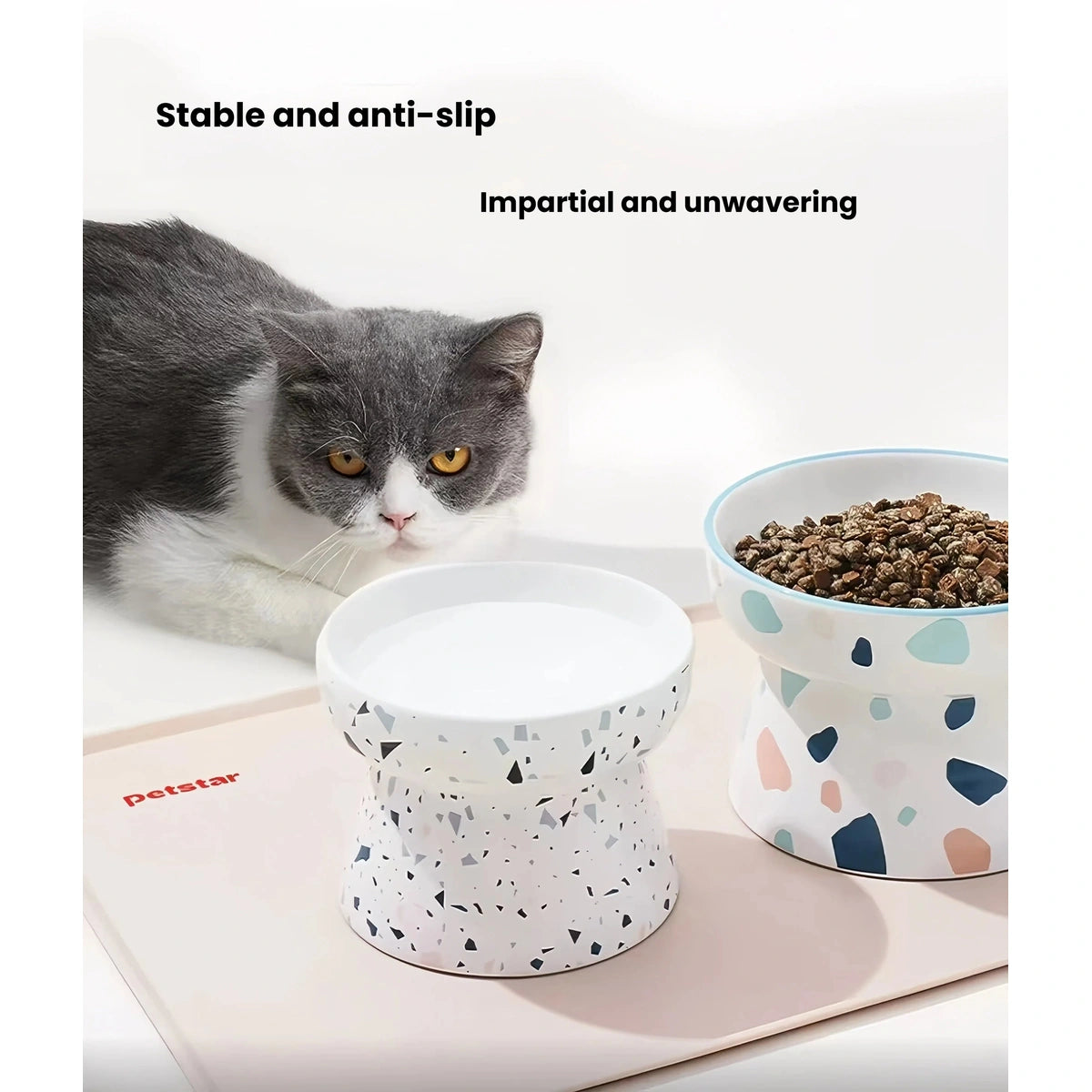 Cat beside two bowls on the Petstar silicone feeding mat