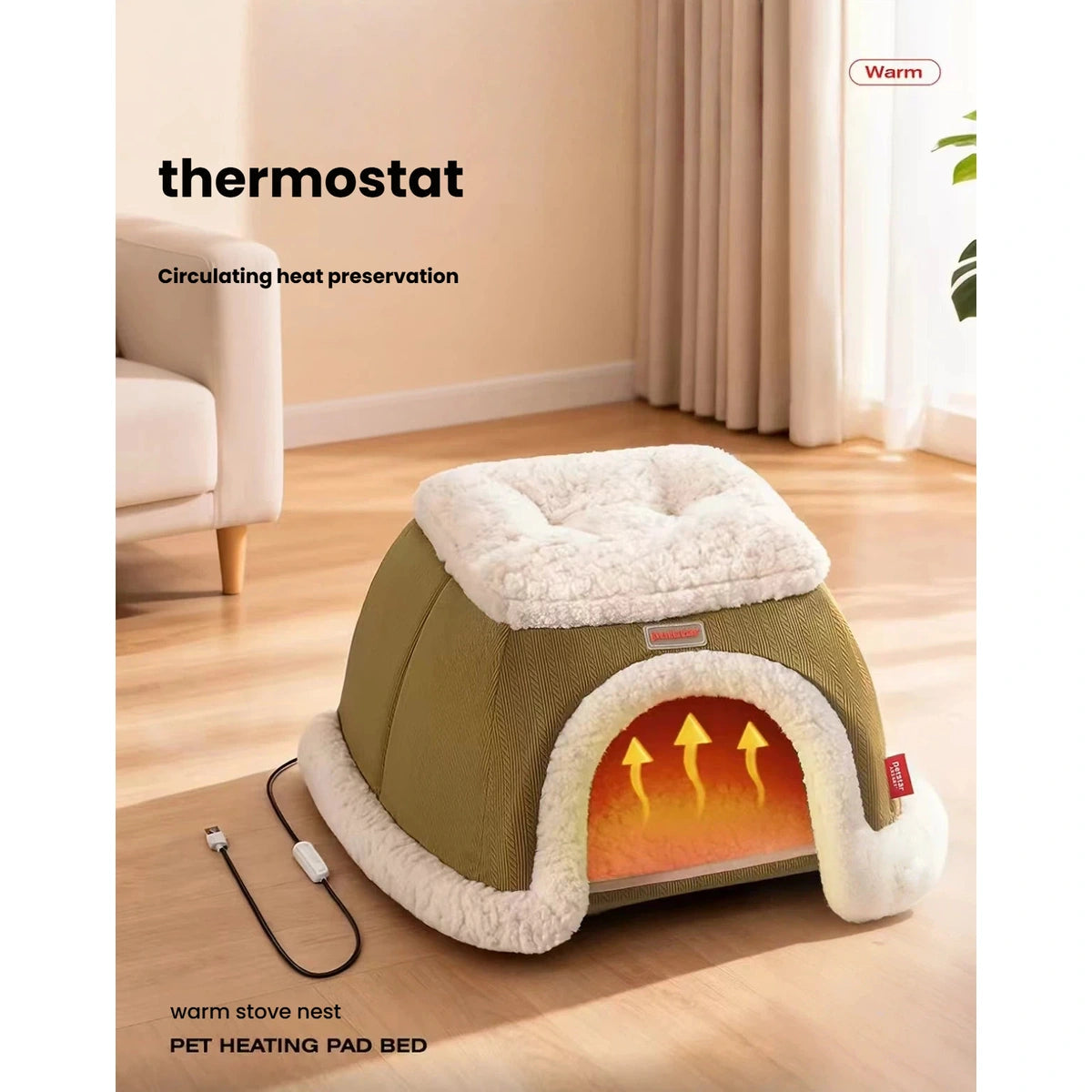Petstar heated cat house showing the power cable beside the bed