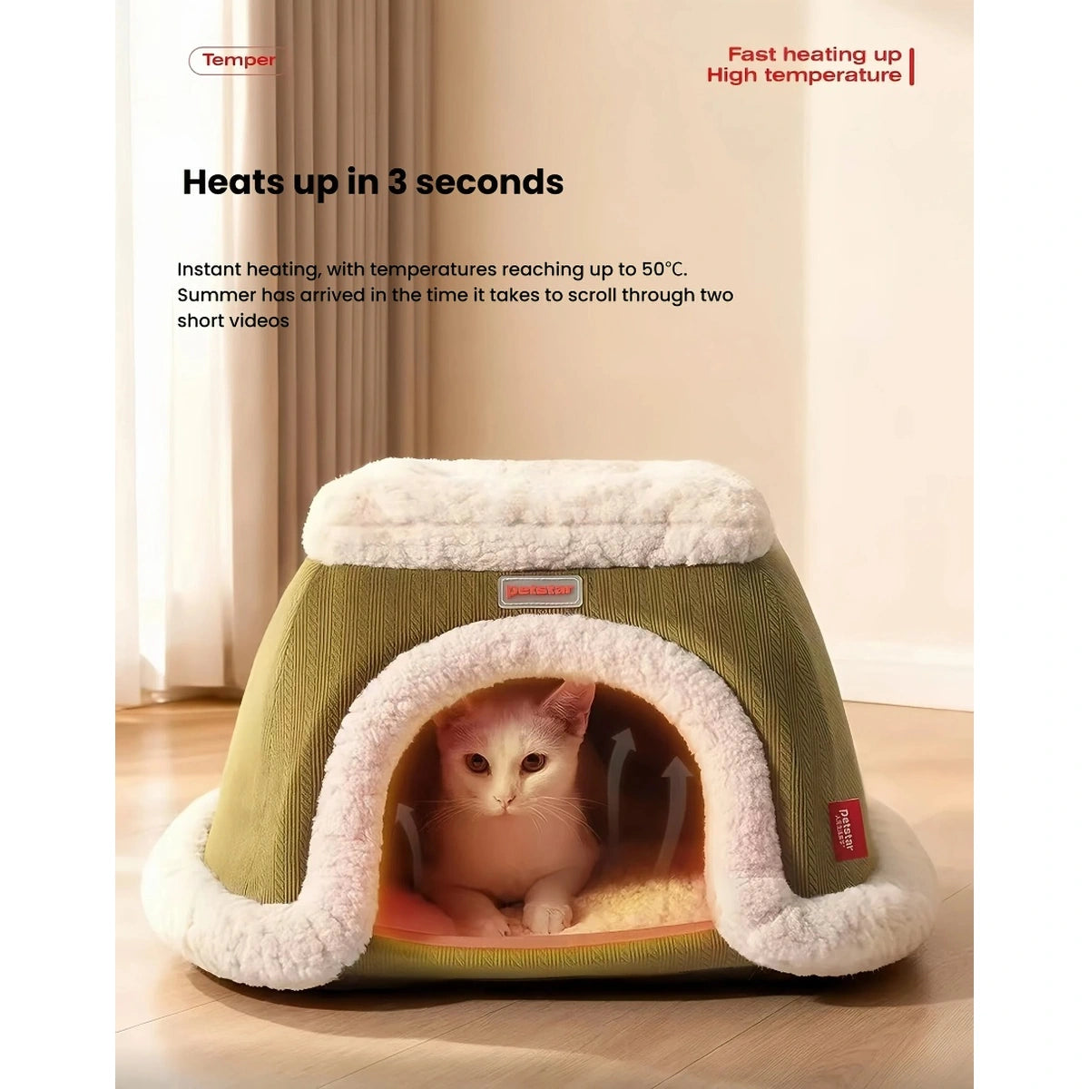 Cat resting inside the green Petstar heated house