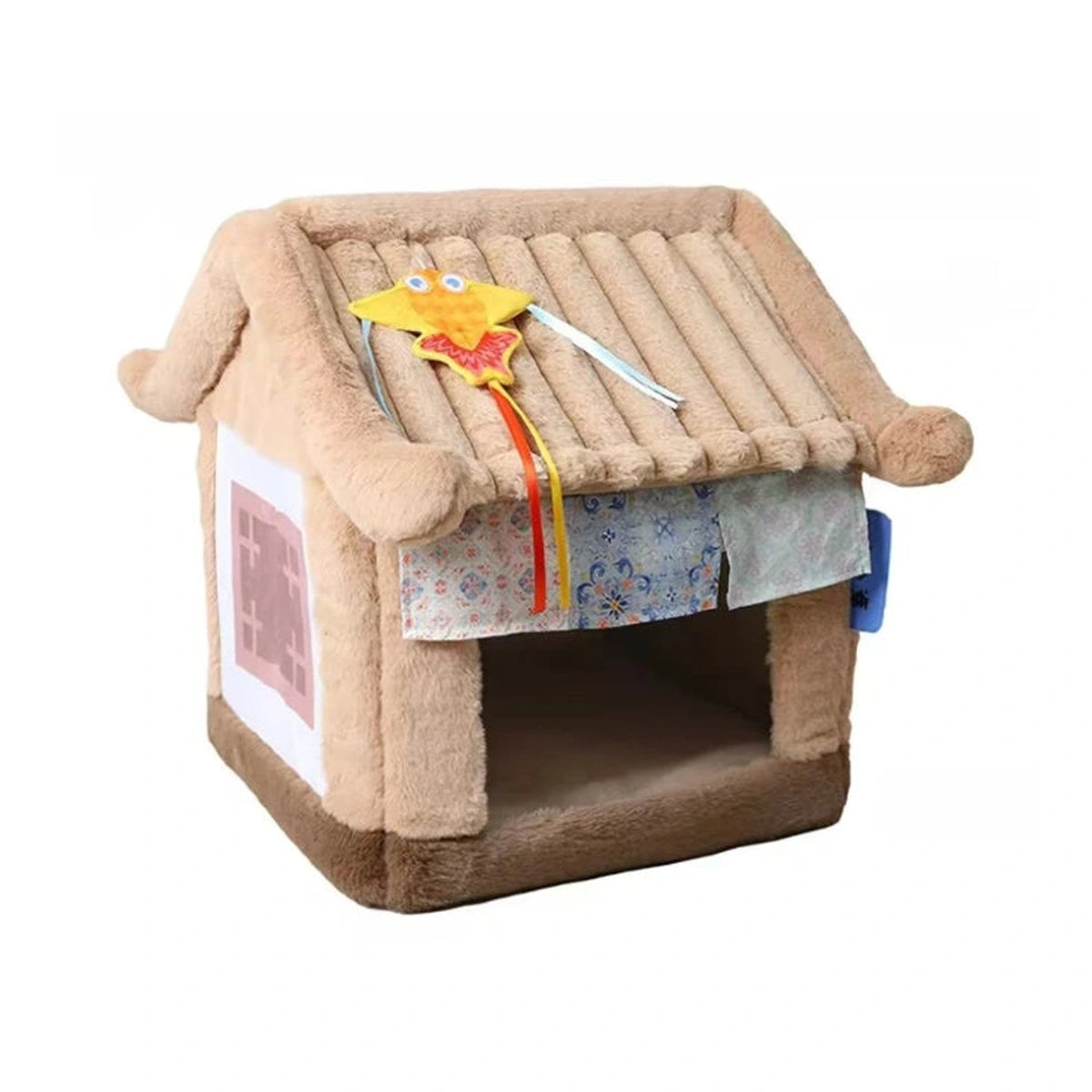 Petstar beige cat house with a plush pitched roof and decorative doorway curtain