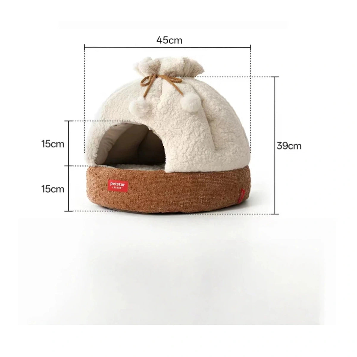 Petstar plush cat cave size diagram showing 45 cm width and 39 cm height