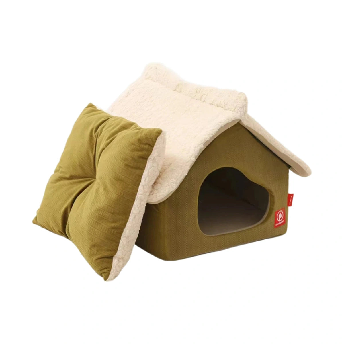 Petstar green Snow House cat bed with a cream roof and matching cushion