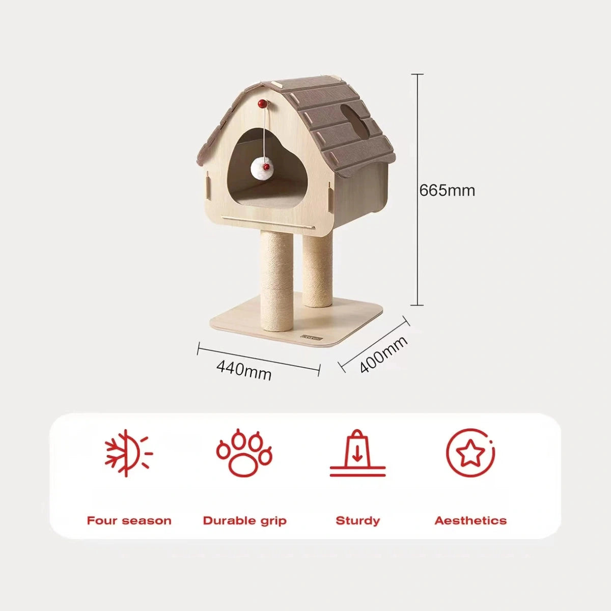 Petstar A cat tree dimension diagram: 44 cm long, 40 cm wide and 66.5 cm high