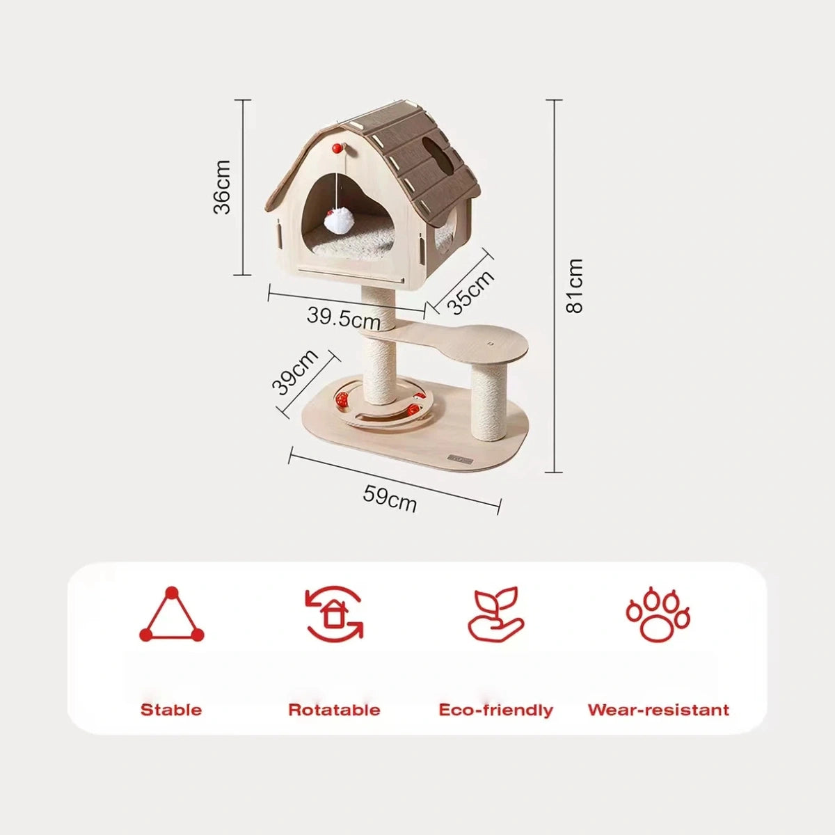 Petstar B cat tree with side perch and ball track: 59 cm long, 39 cm wide and 81 cm high