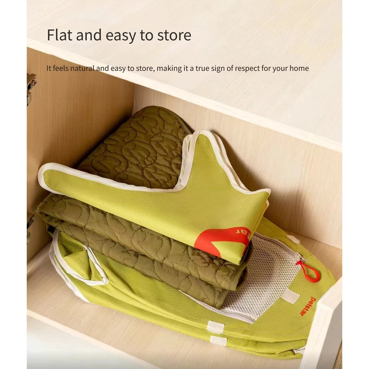 Petstar cat tent folded flat on a shelf for storage