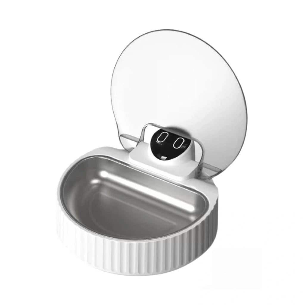 White Petwant F25-W smart cat bowl with its lid open and metal bowl visible