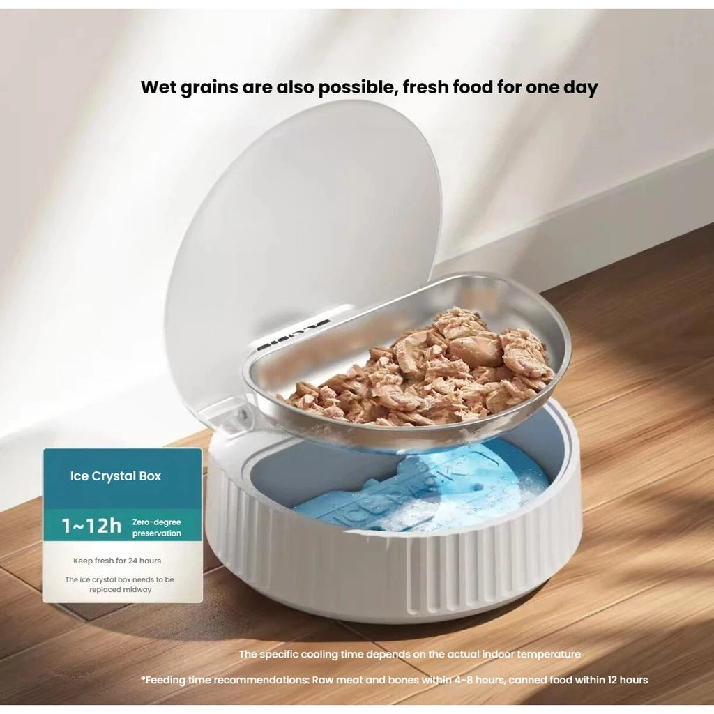Petwant F25-W exploded view showing the food bowl above an ice pack
