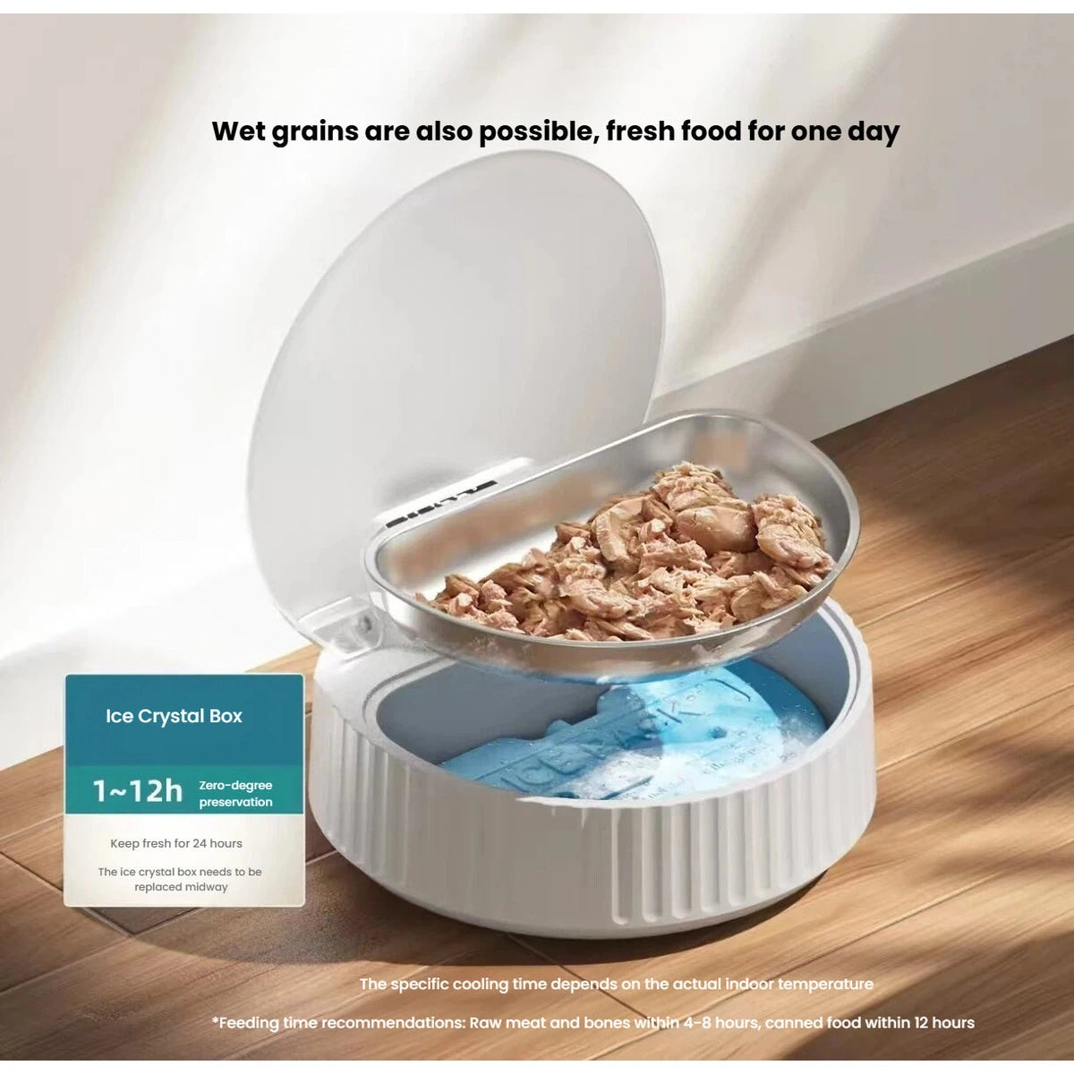 Petwant F25-W exploded view showing the food bowl above an ice pack