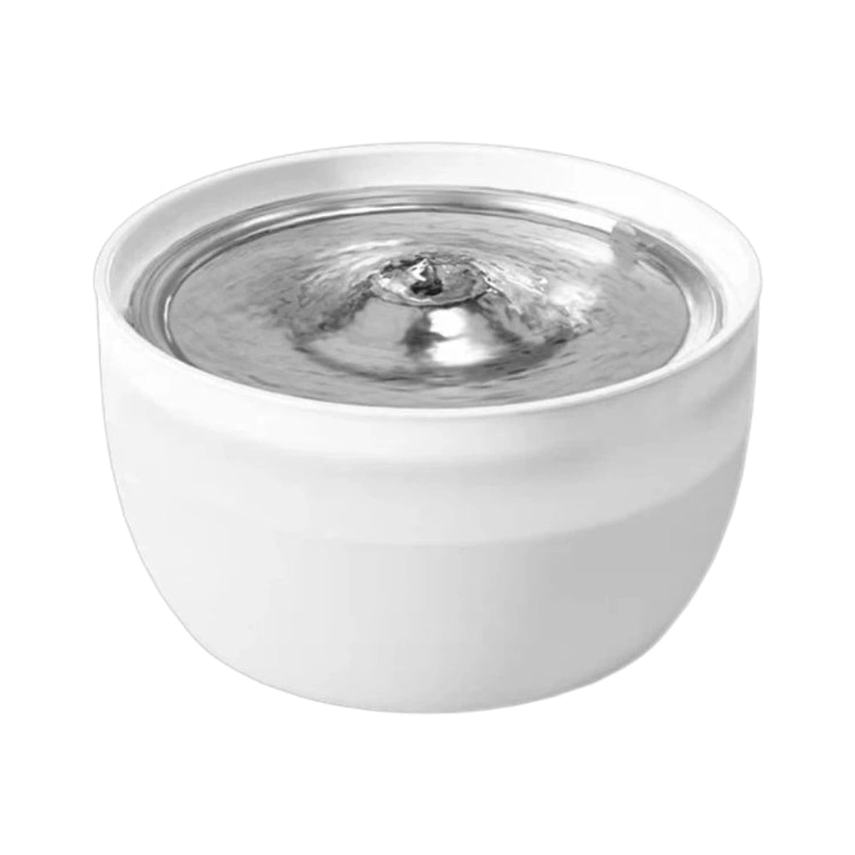 White Petwant round cat water fountain with a stainless steel drinking top