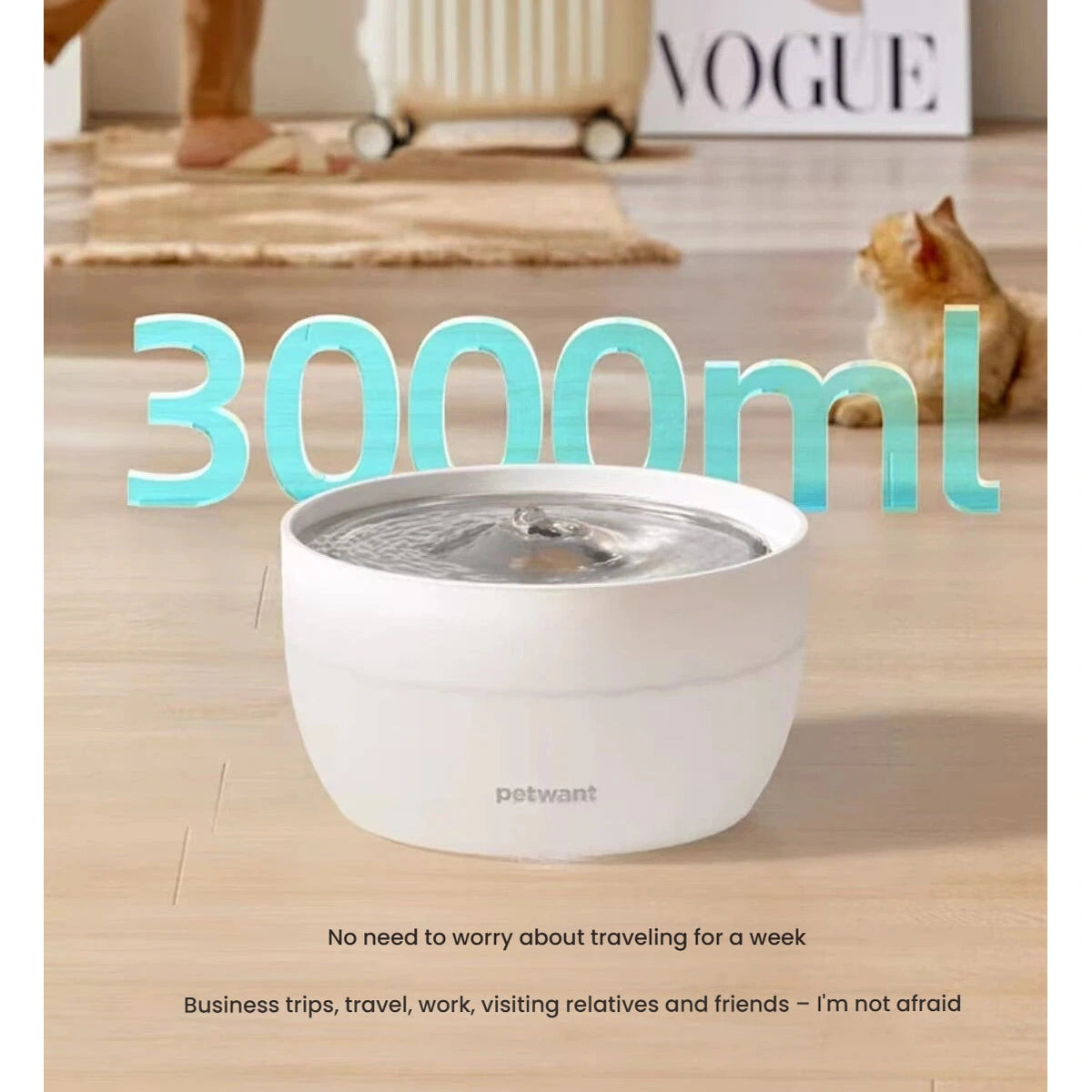Petwant round water fountain with its 3000 ml capacity illustrated