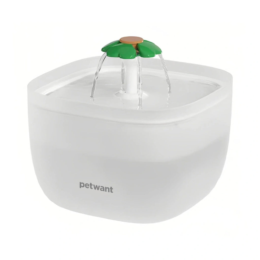 White Petwant cat water fountain with a green flower-shaped spout