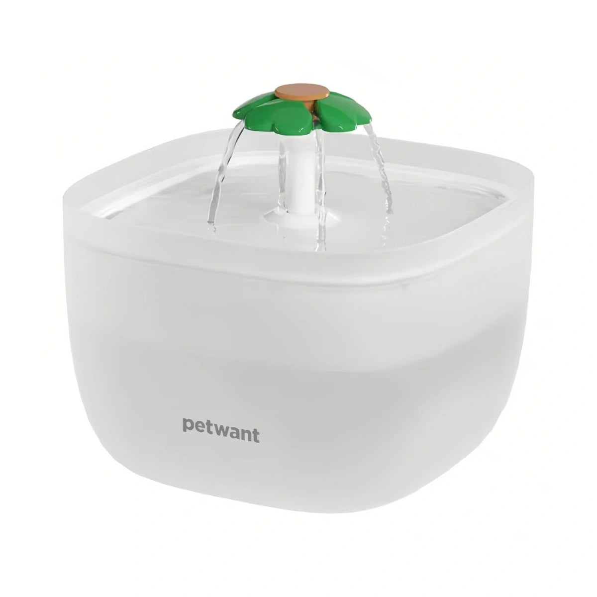 White Petwant cat water fountain with a green flower-shaped spout