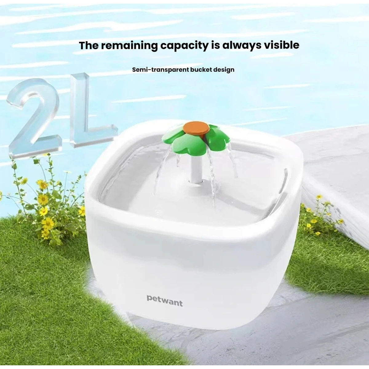 Petwant 2-litre flower fountain showing its semi-transparent reservoir