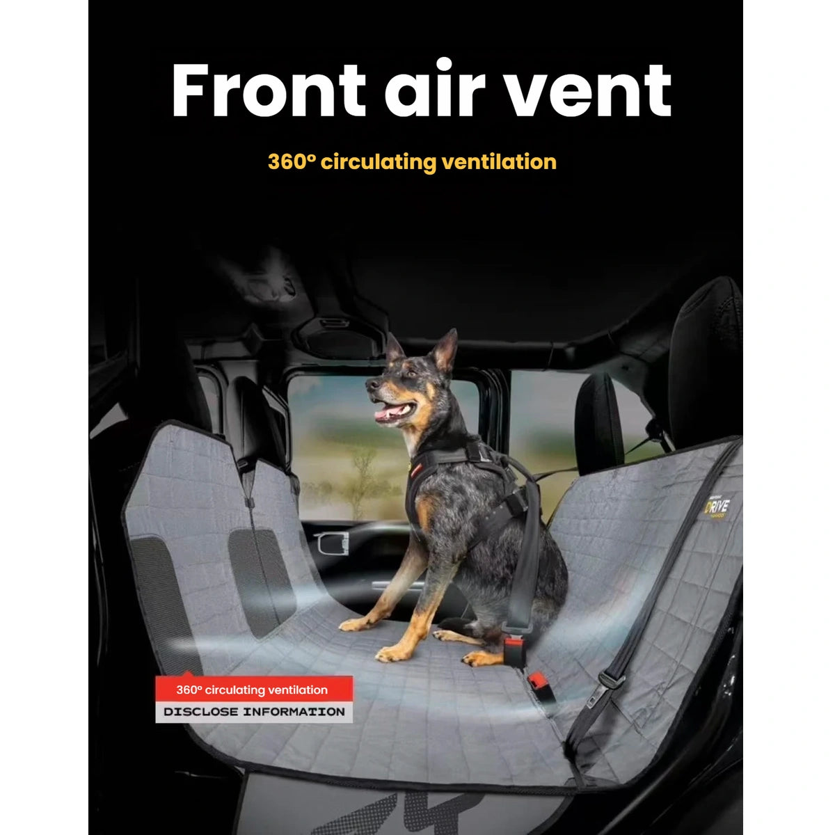 Dog sitting in an EzyDog Drive hammock with a front mesh ventilation panel