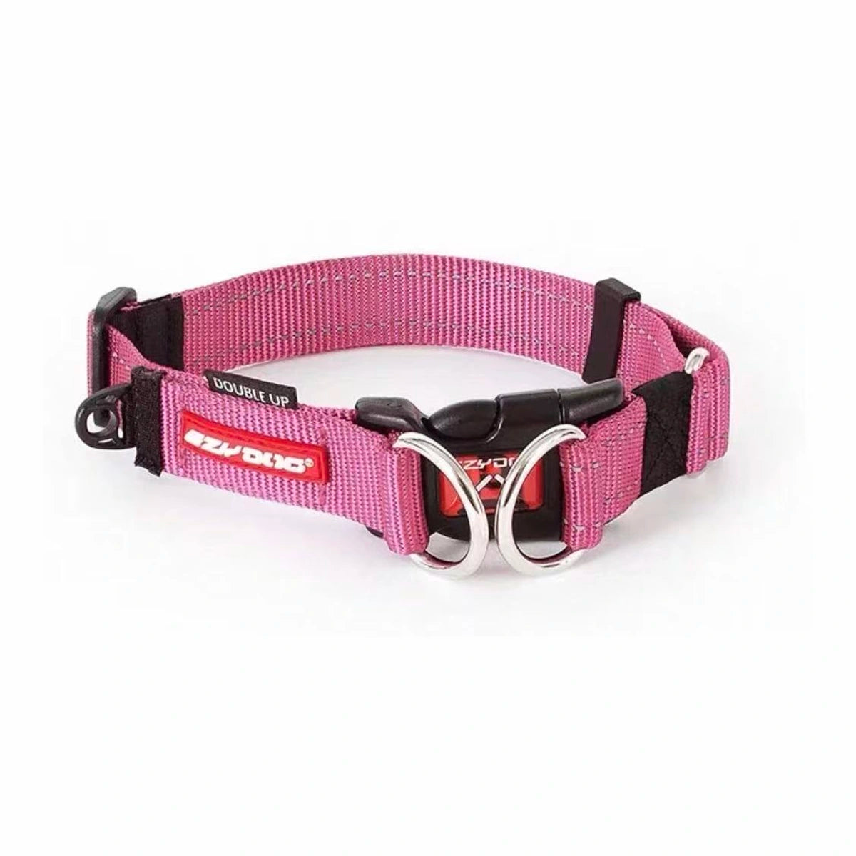 Pink EzyDog Double Up collar with stainless steel D-rings