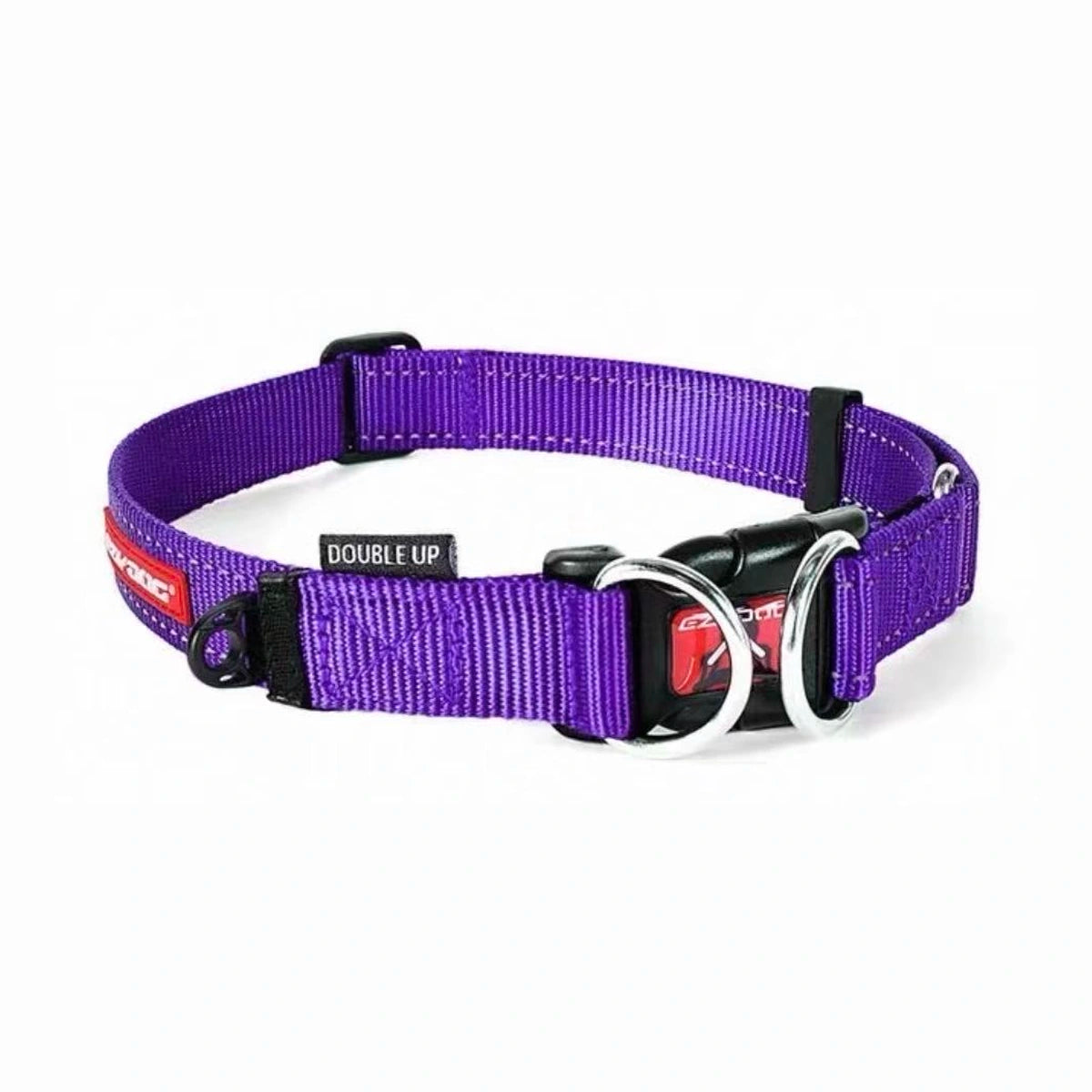 Purple EzyDog Double Up collar with stainless steel D-rings