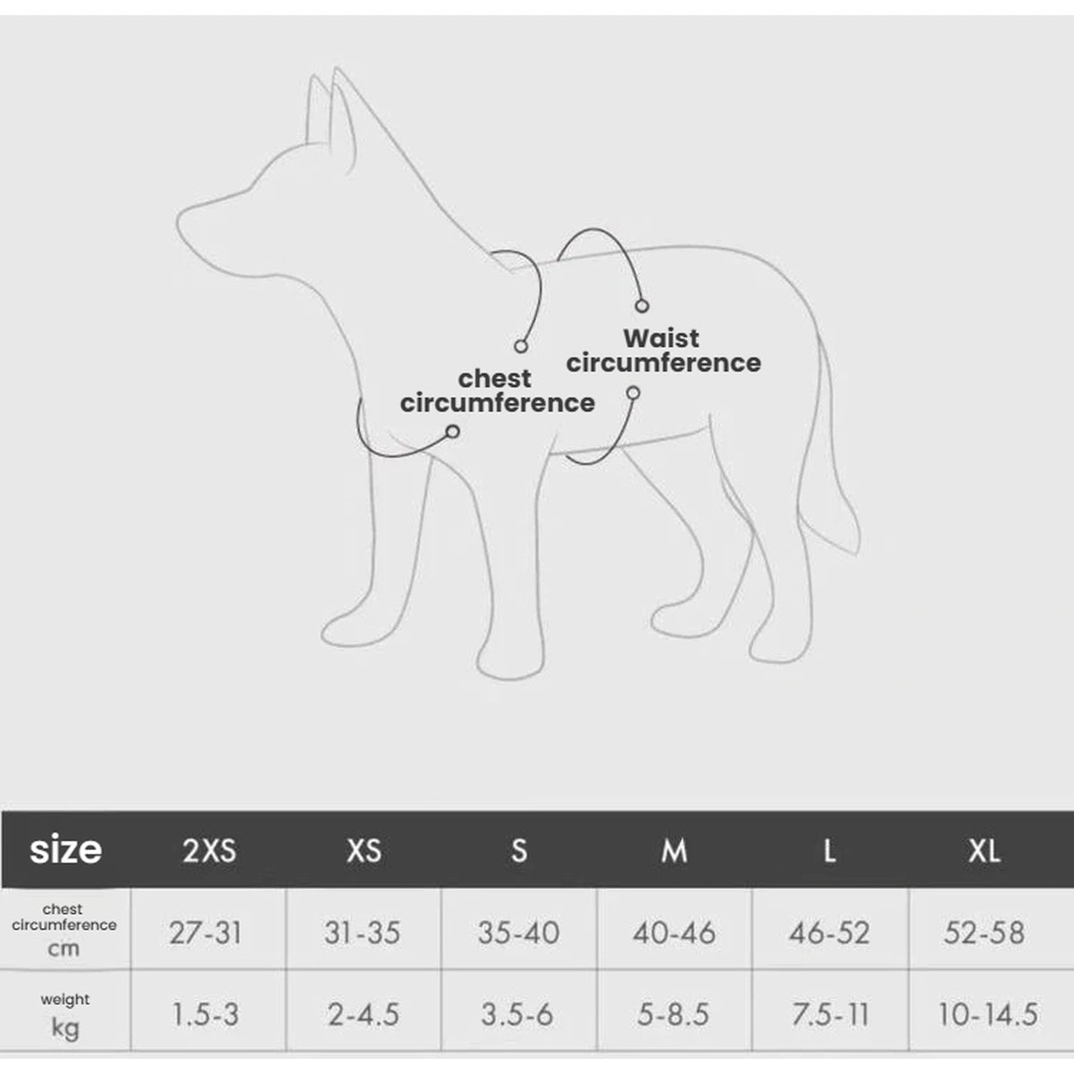 EzyDog Formfit harness size chart with chest measurements and dog-weight guidance