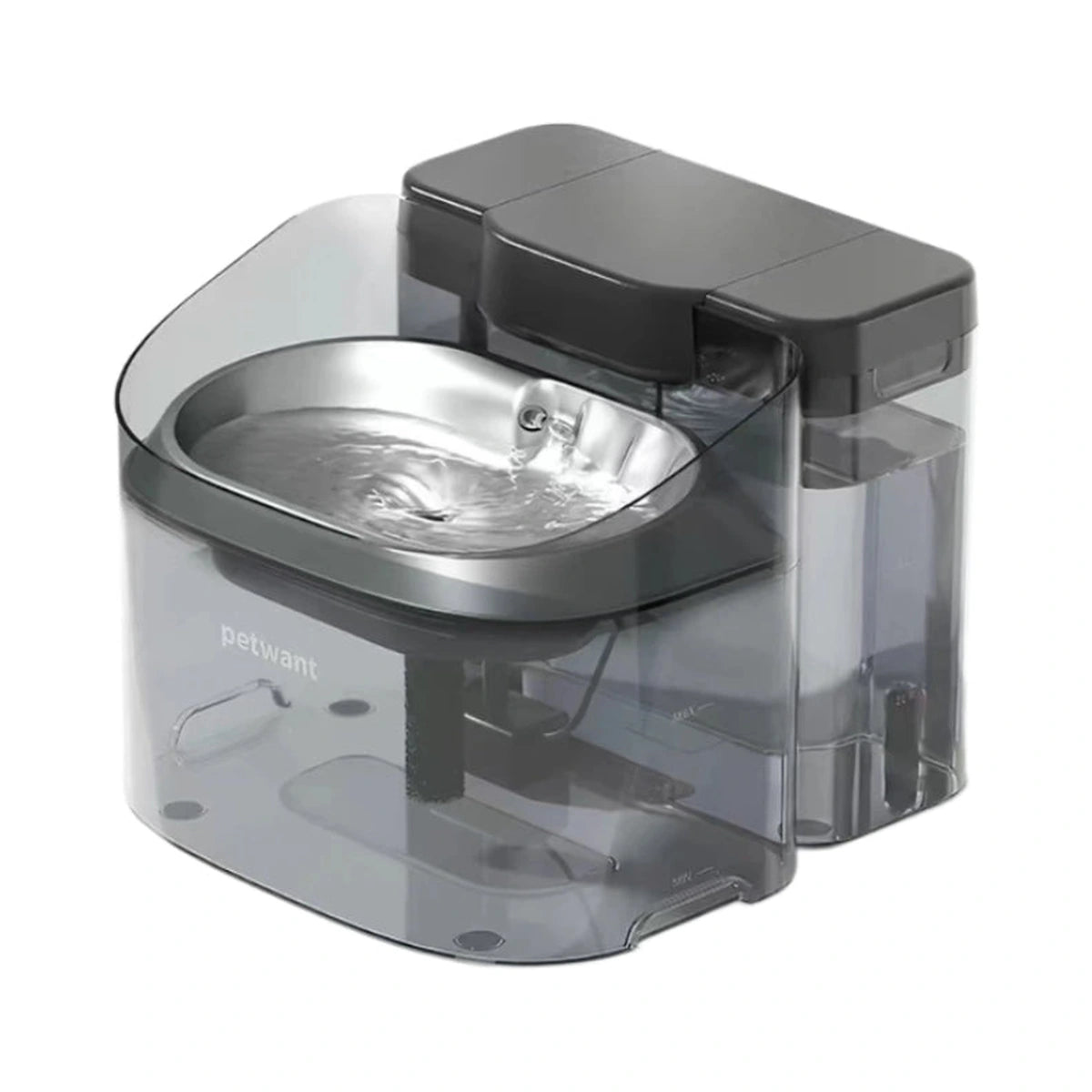 Black Petwant W14 water fountain with clear tanks and metal drinking tray