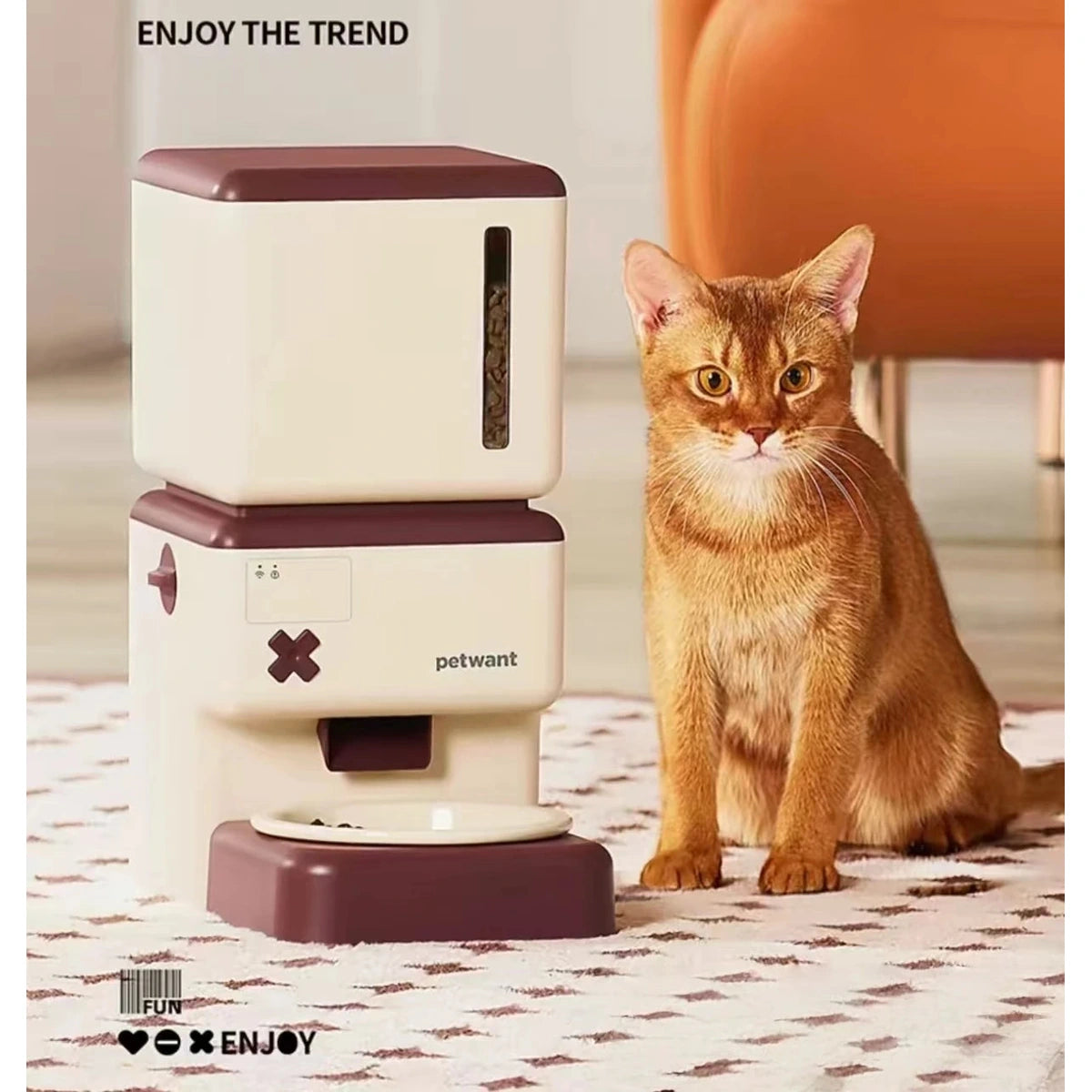 Ginger cat beside the beige and burgundy Petwant automatic feeder