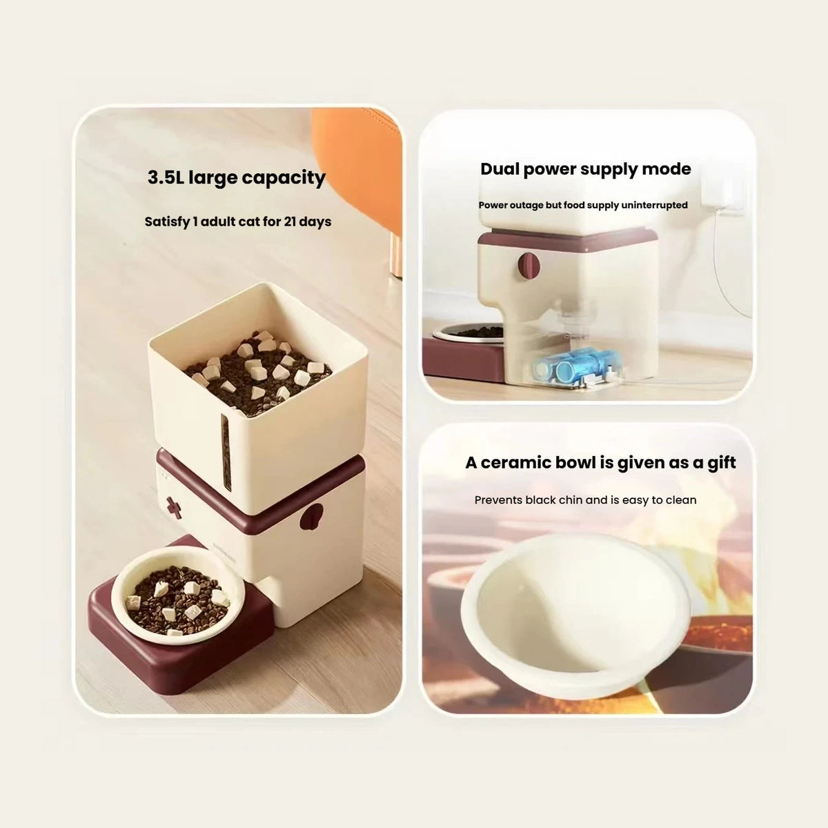 Petwant feeder 3.5 litre hopper, power options and removable bowl illustrated