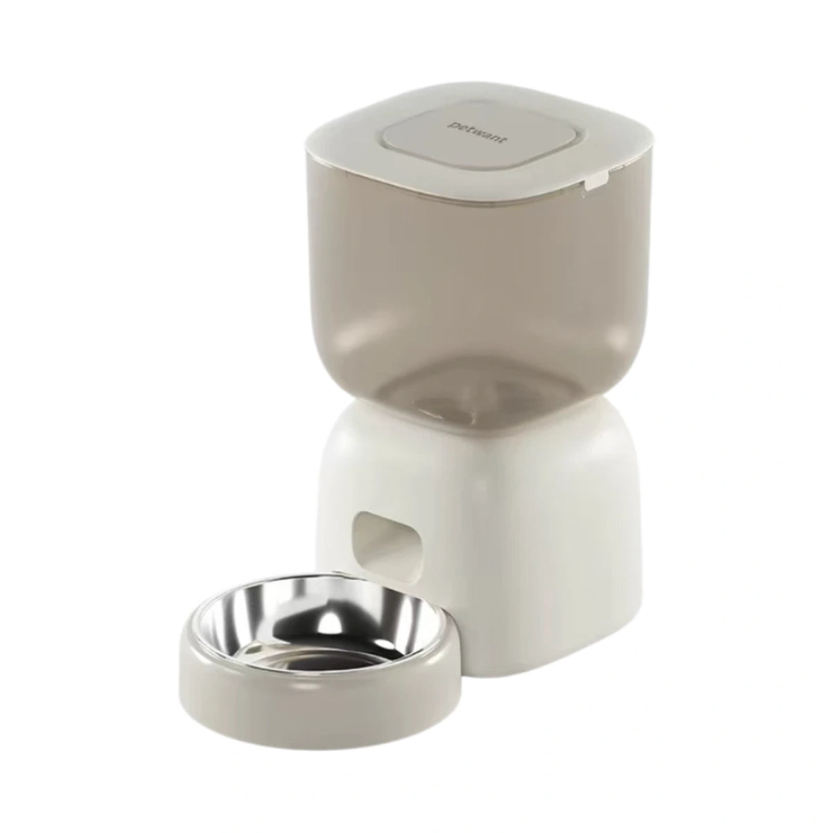 White Petwant 3 litre automatic feeder with transparent hopper and metal bowl