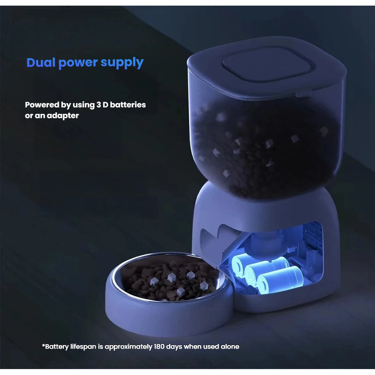 Petwant feeder battery compartment and adapter power illustration