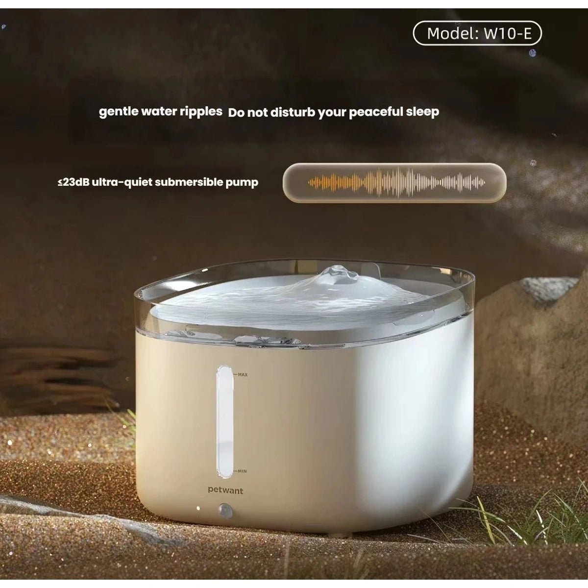 Petwant W10-E water fountain operating beside a bed