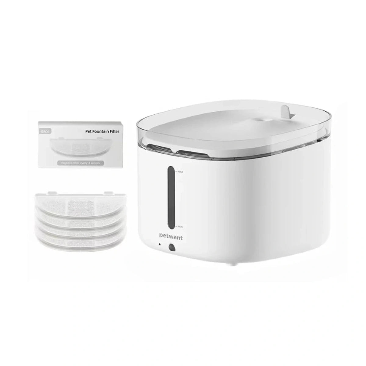 Petwant W10-E fountain pictured beside its replacement filter pack