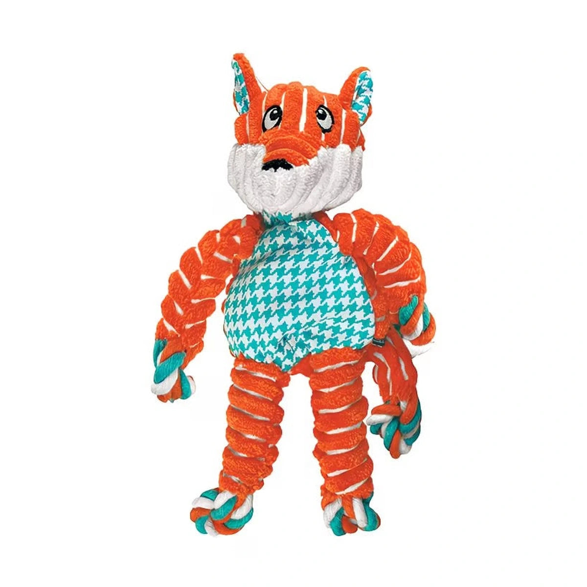 KONG Floppy Knots orange fox dog toy with a teal patterned body and rope limbs