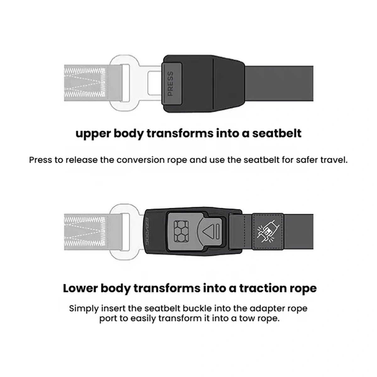 Diagram showing the Click Leash buckle connecting and disconnecting