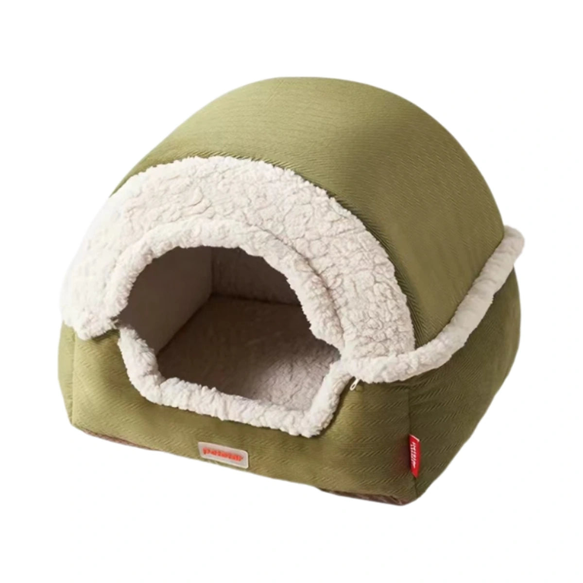 Green Petstar enclosed cat bed with a cream-lined removable dome