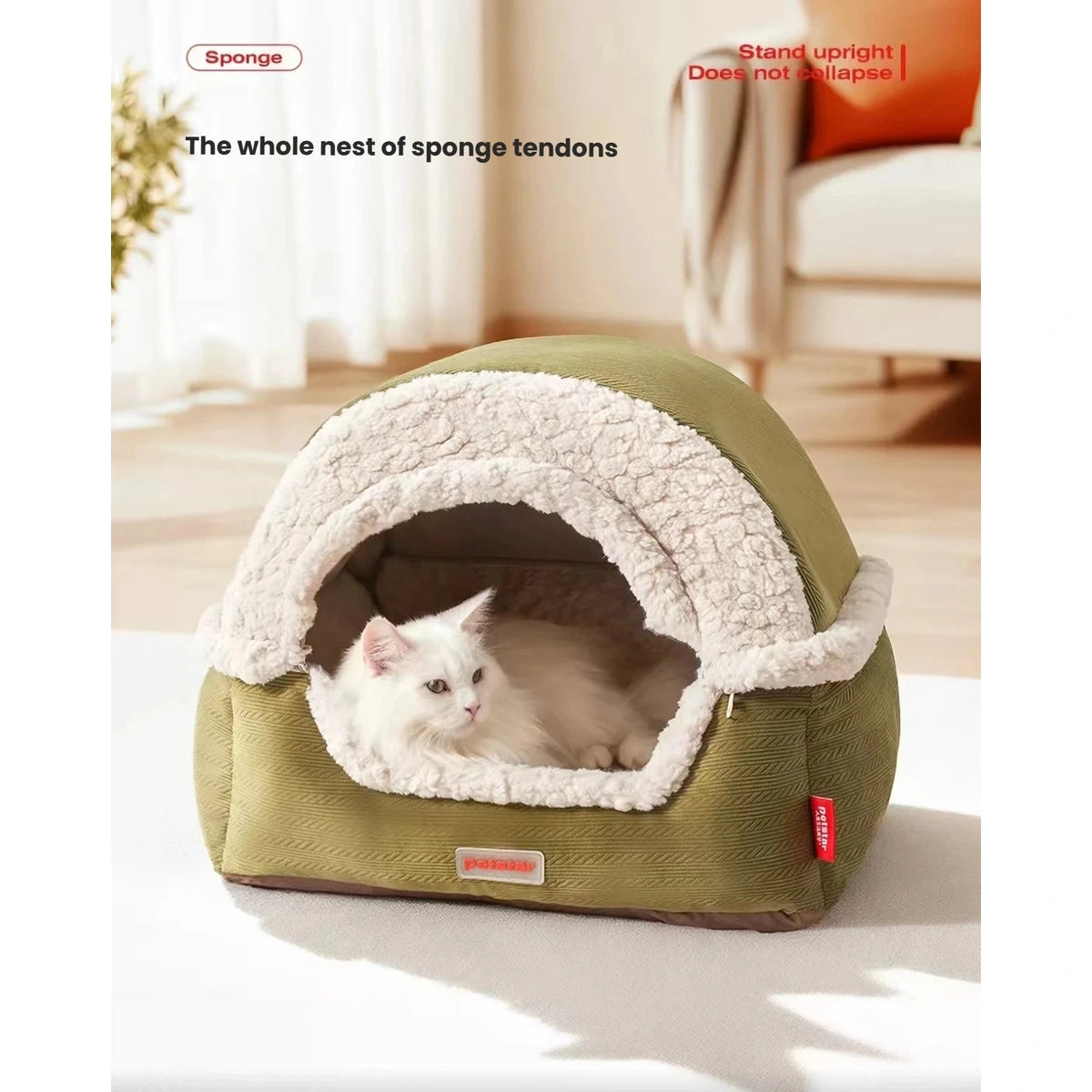 White cat resting in a green Petstar covered bed