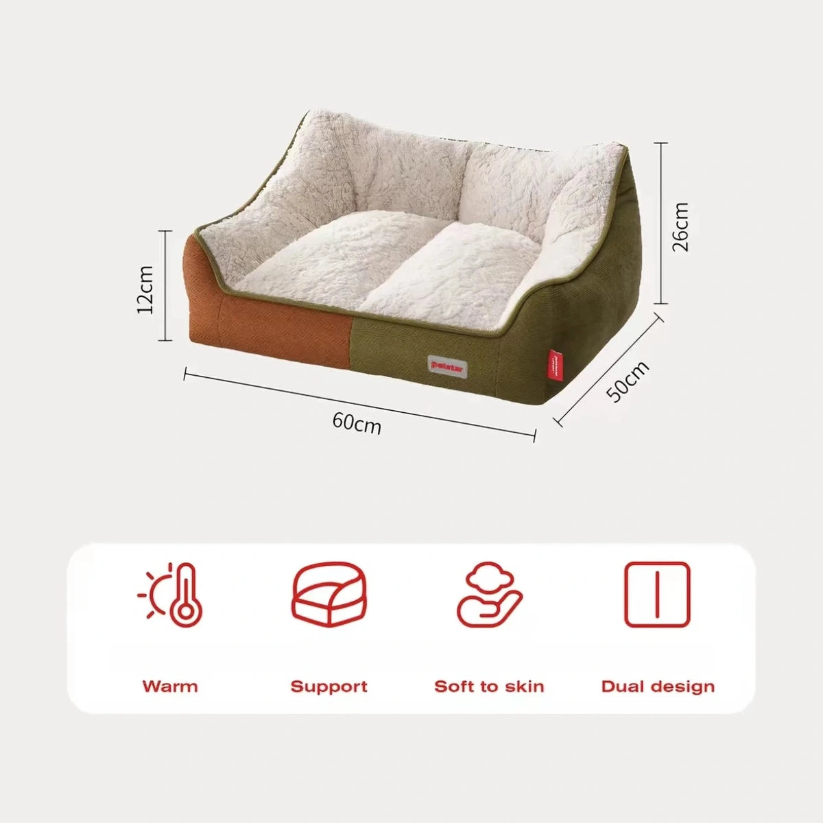 Petstar sofa bed dimensions showing 60 x 50 cm base and 26 cm back height