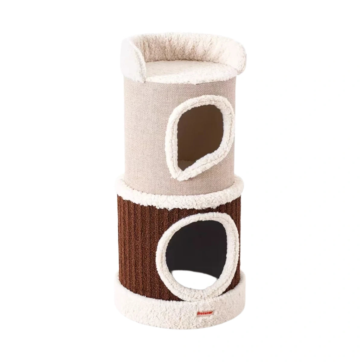 Stacked white and brown Petstar cat house with two openings and a padded top perch