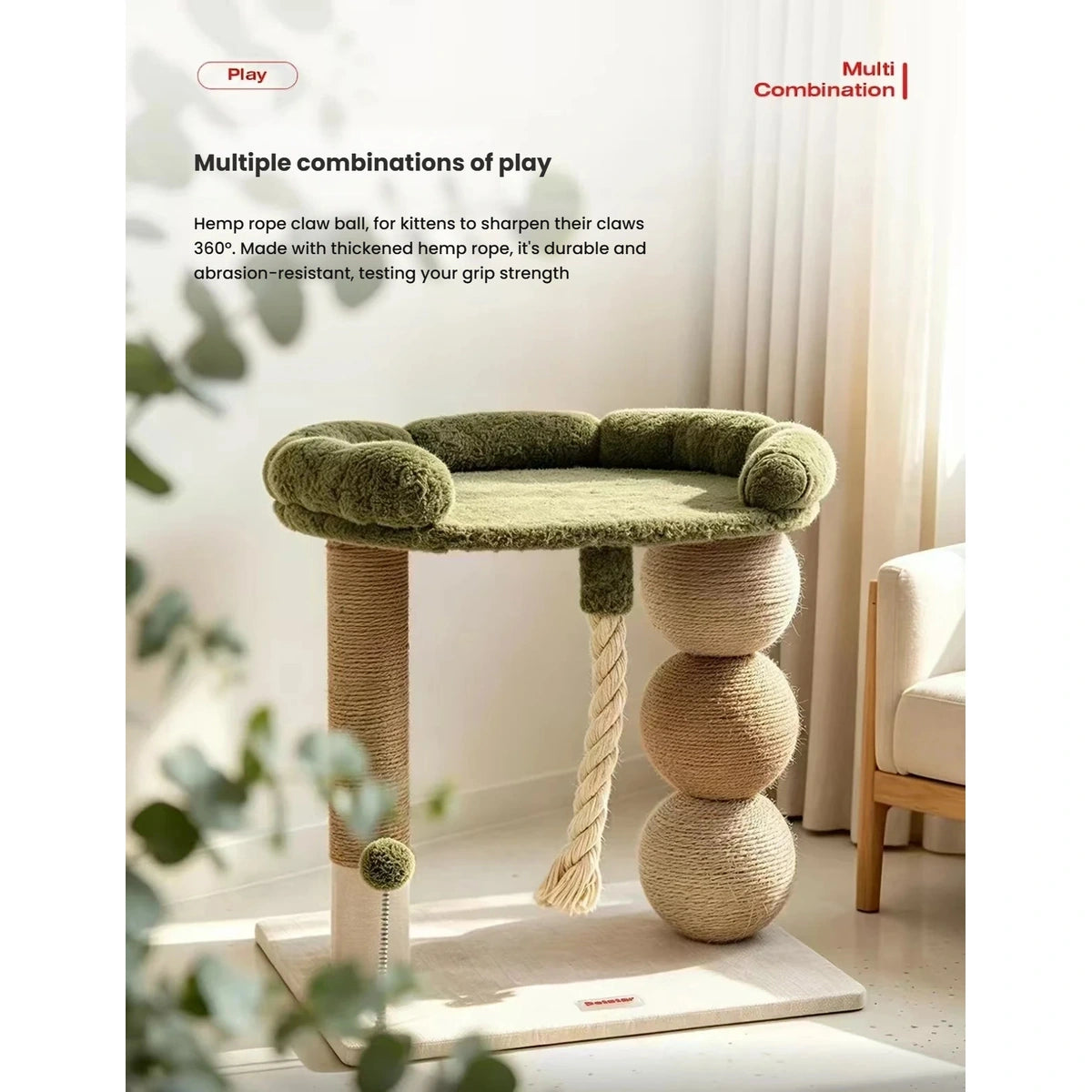 Petstar cat perch showing the hanging rope and spring-mounted green ball
