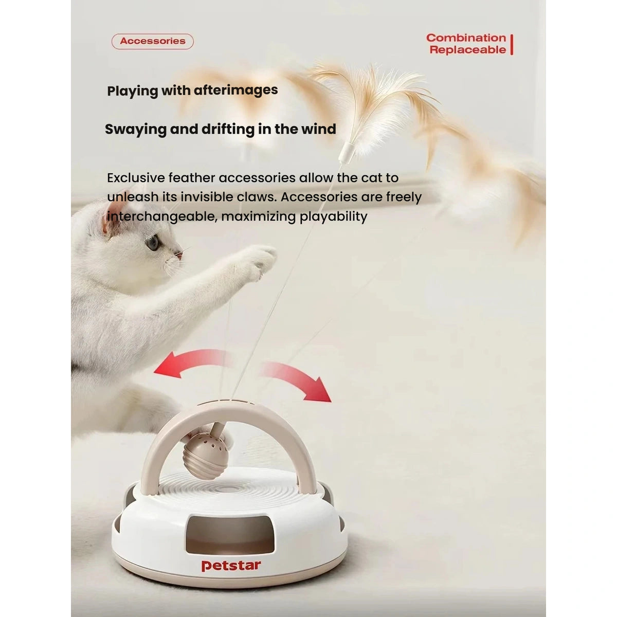 Cat playing with a replaceable feather attachment on the Petstar toy