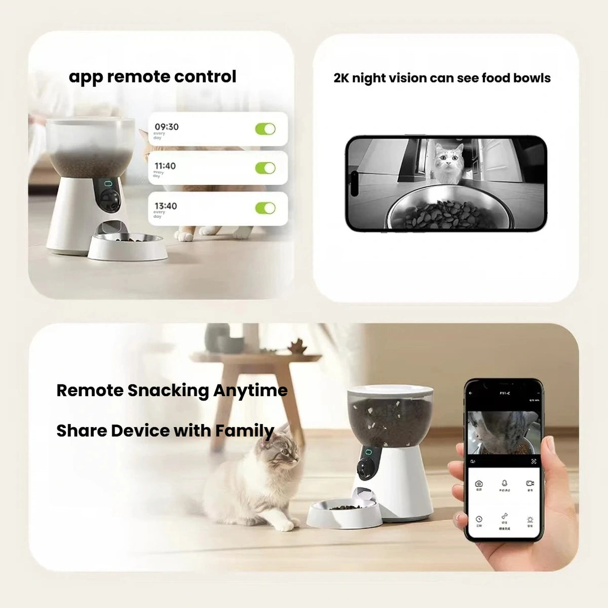 Petwant app feeding controls and camera views of a cat at the bowl