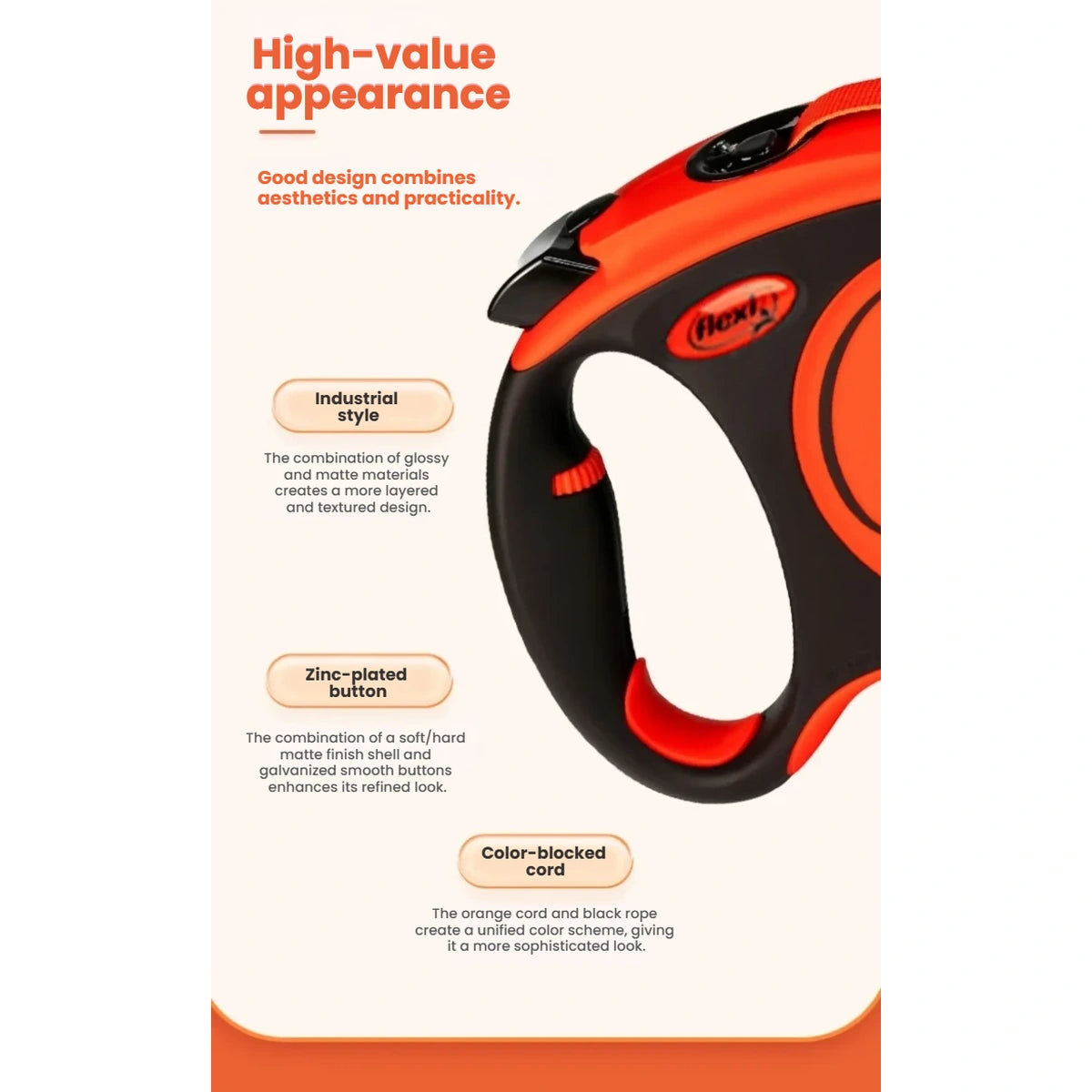 Close-up of the Flexi Xtreme orange housing, black grip and brake button