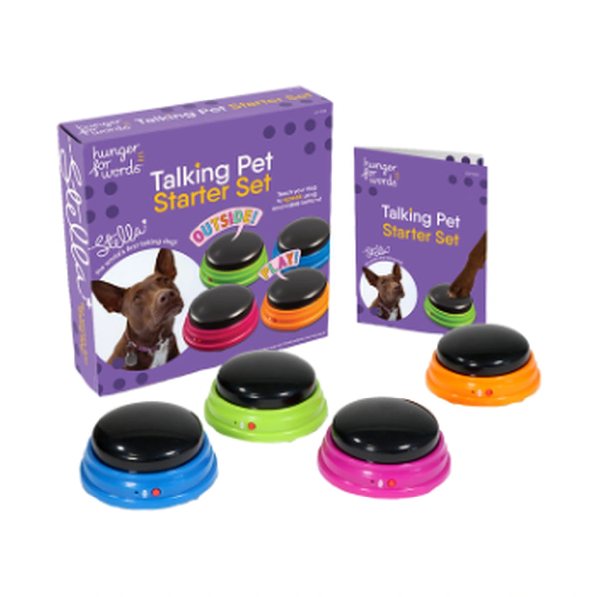 Hunger for Words Talking Pet Starter Set with four coloured recordable buttons, guide and packaging