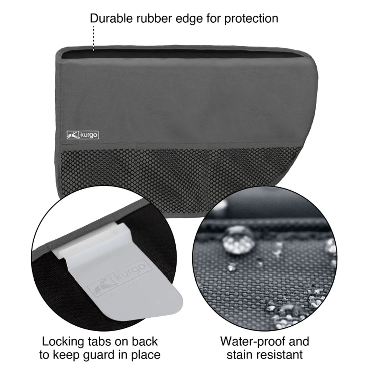 Kurgo door guard details showing locking tabs, rubber top edge and water-resistant fabric
