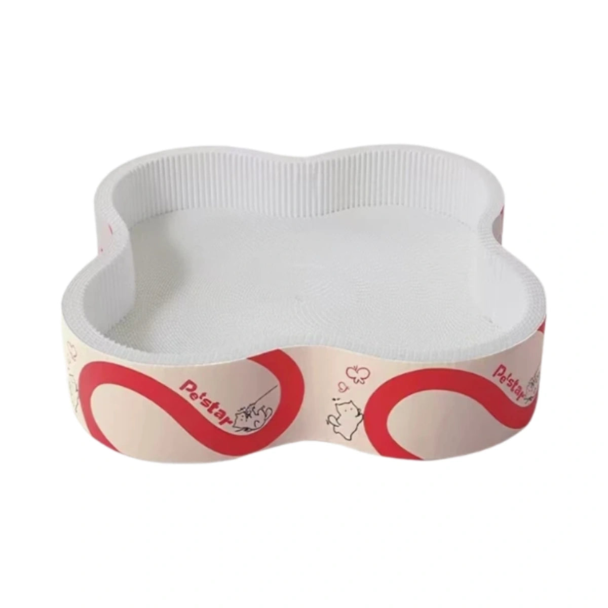 Flower-shaped Petstar cat scratcher bed with pale interior and red printed sides