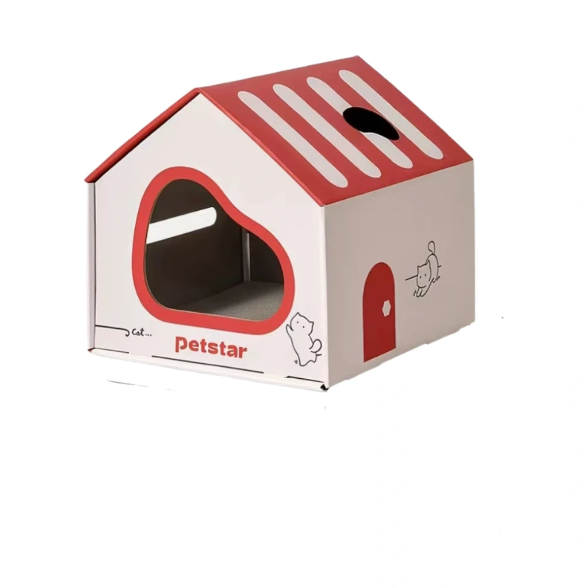 Petstar white cardboard cat house with red roof and front doorway