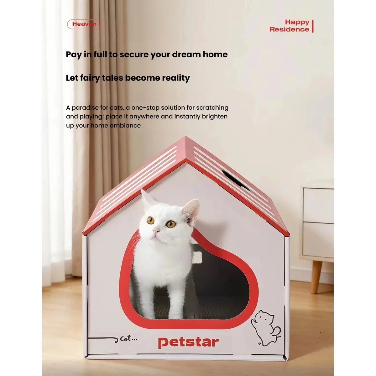 Cat standing in the doorway of a Petstar cardboard scratcher house