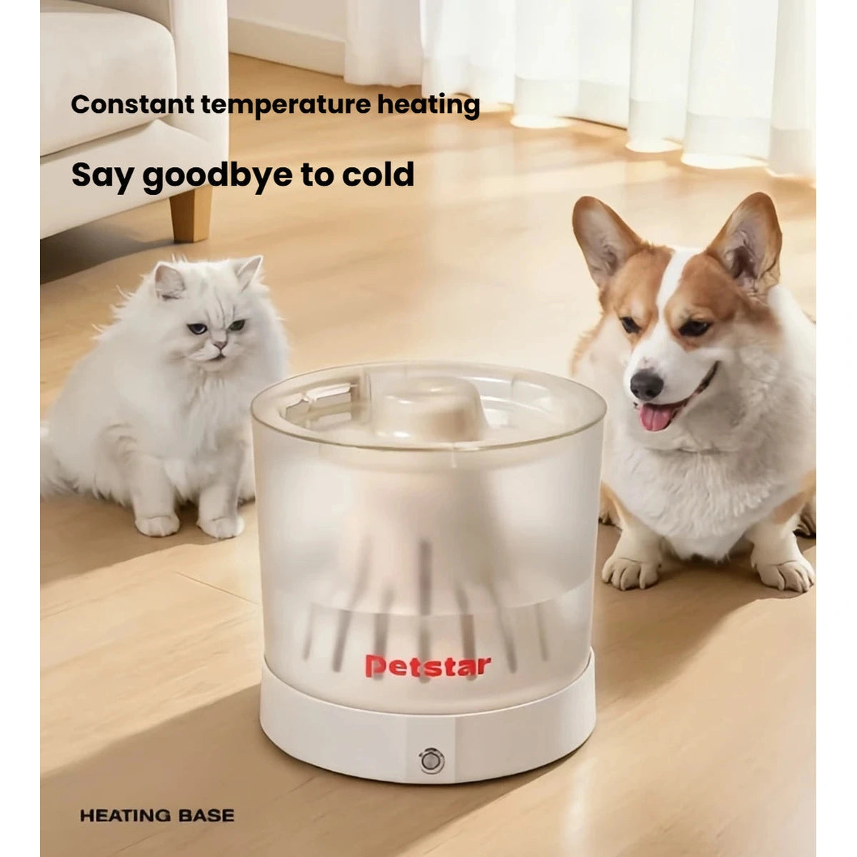 Petstar warming base shown beneath a water container beside a cat and dog