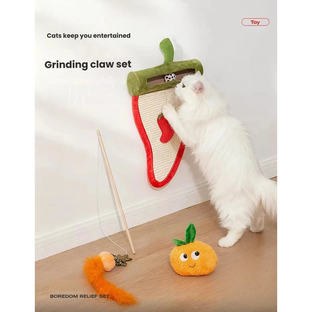 White cat using the hanging chilli-shaped Petstar scratcher