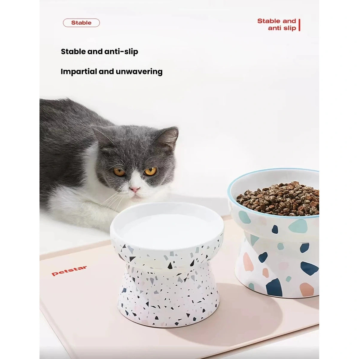 Cat eating from bowls arranged on the pink Petstar feeding mat