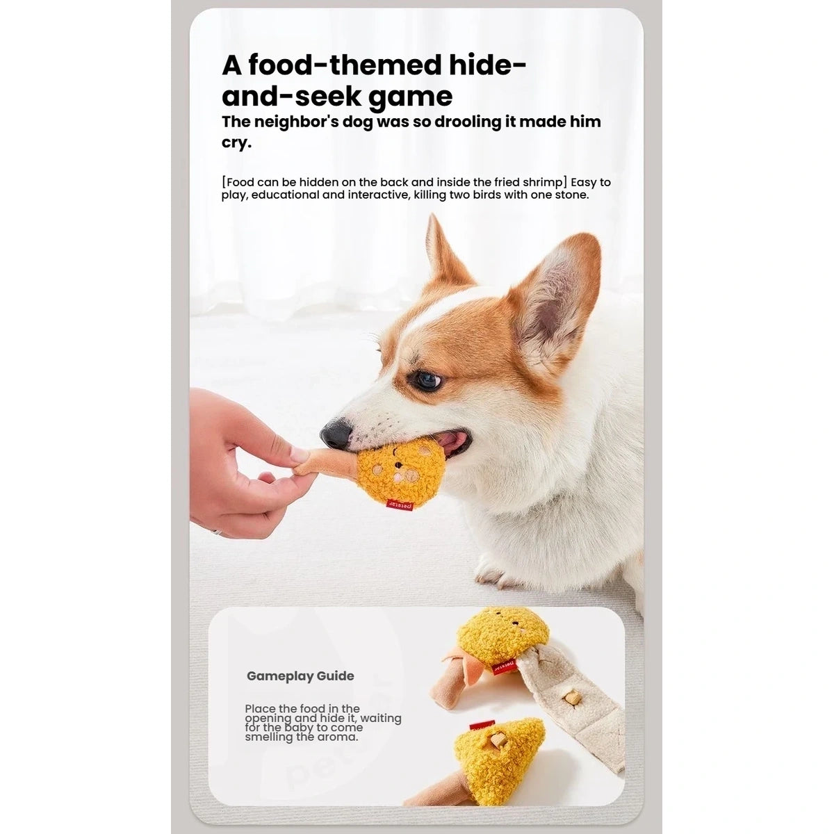Dog taking a Petstar fried chicken plush toy from a hand